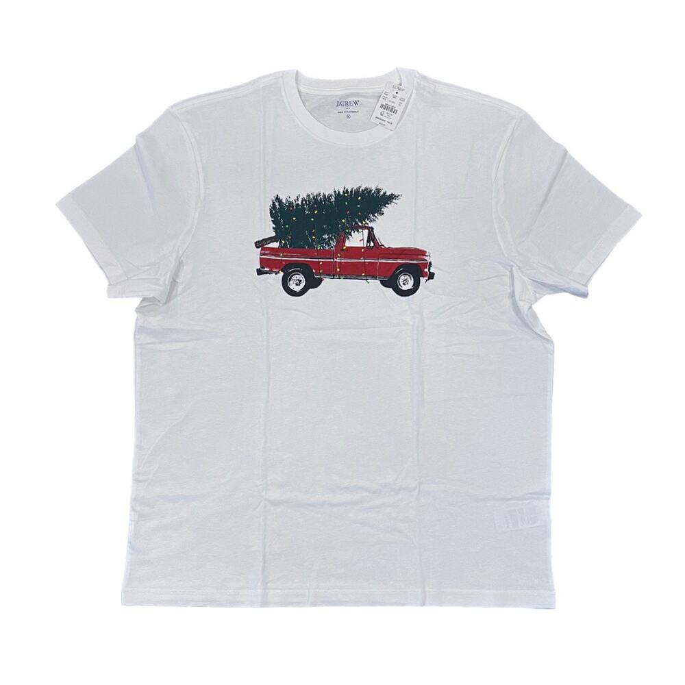 NWT J. Crew Men's White W/Truck and Christmas Tree Graphic T-Shirt - SIZE M